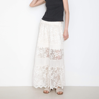 Textured Floral Print Lace Panel Skirt