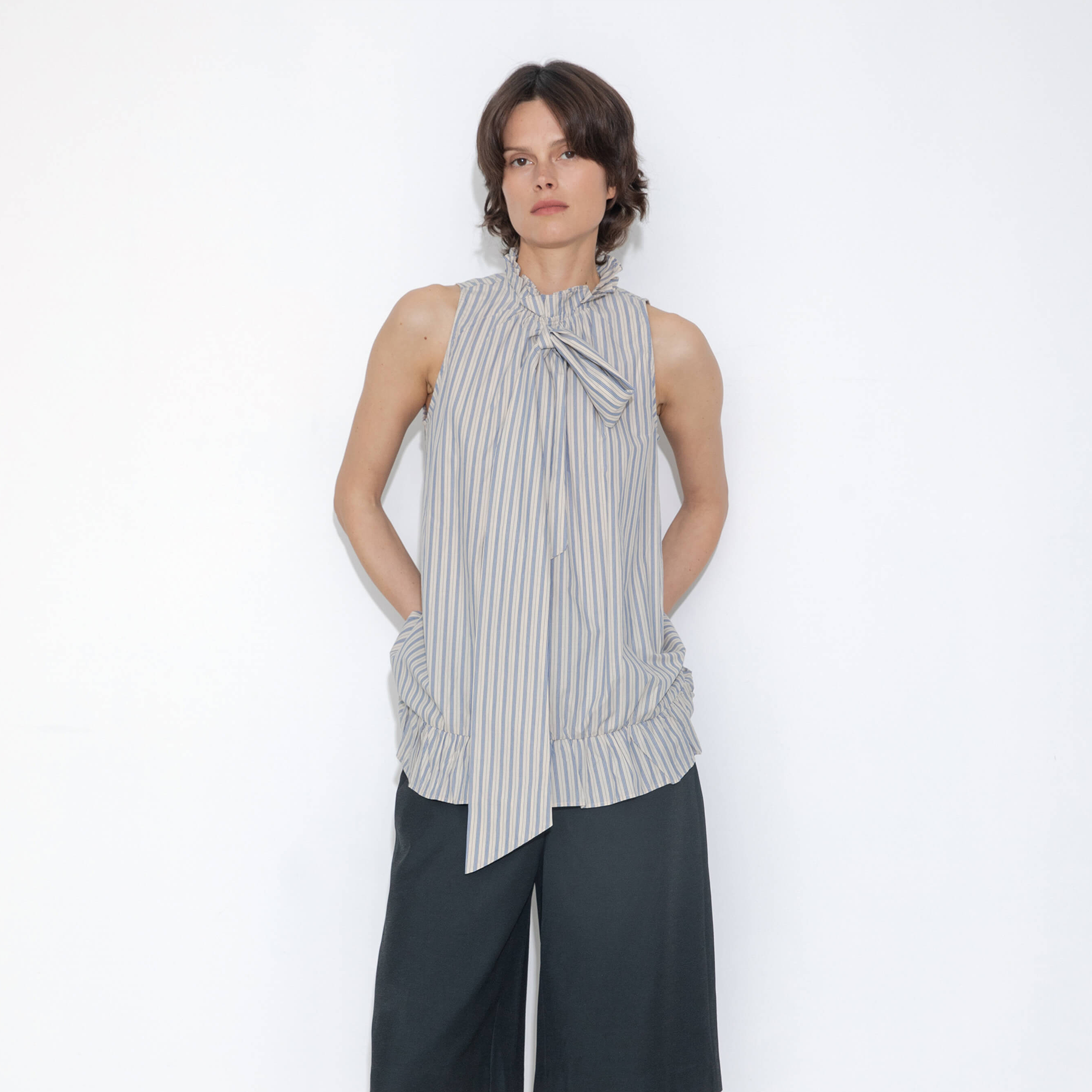 Ruffle Stand Collar Tie A-line Tank Top-7