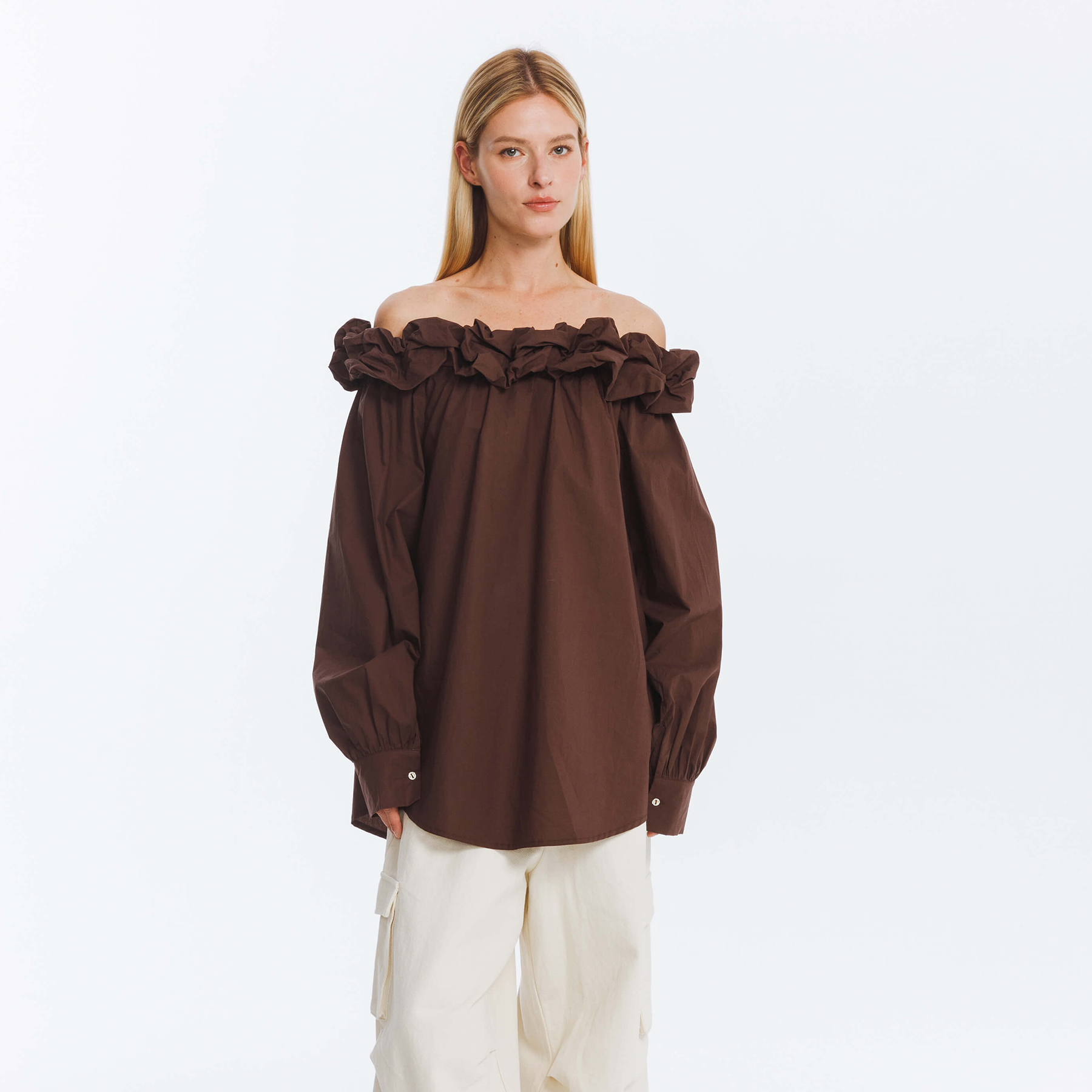 3D Ruffle Collar Long Sleeve Cotton Blouse-6