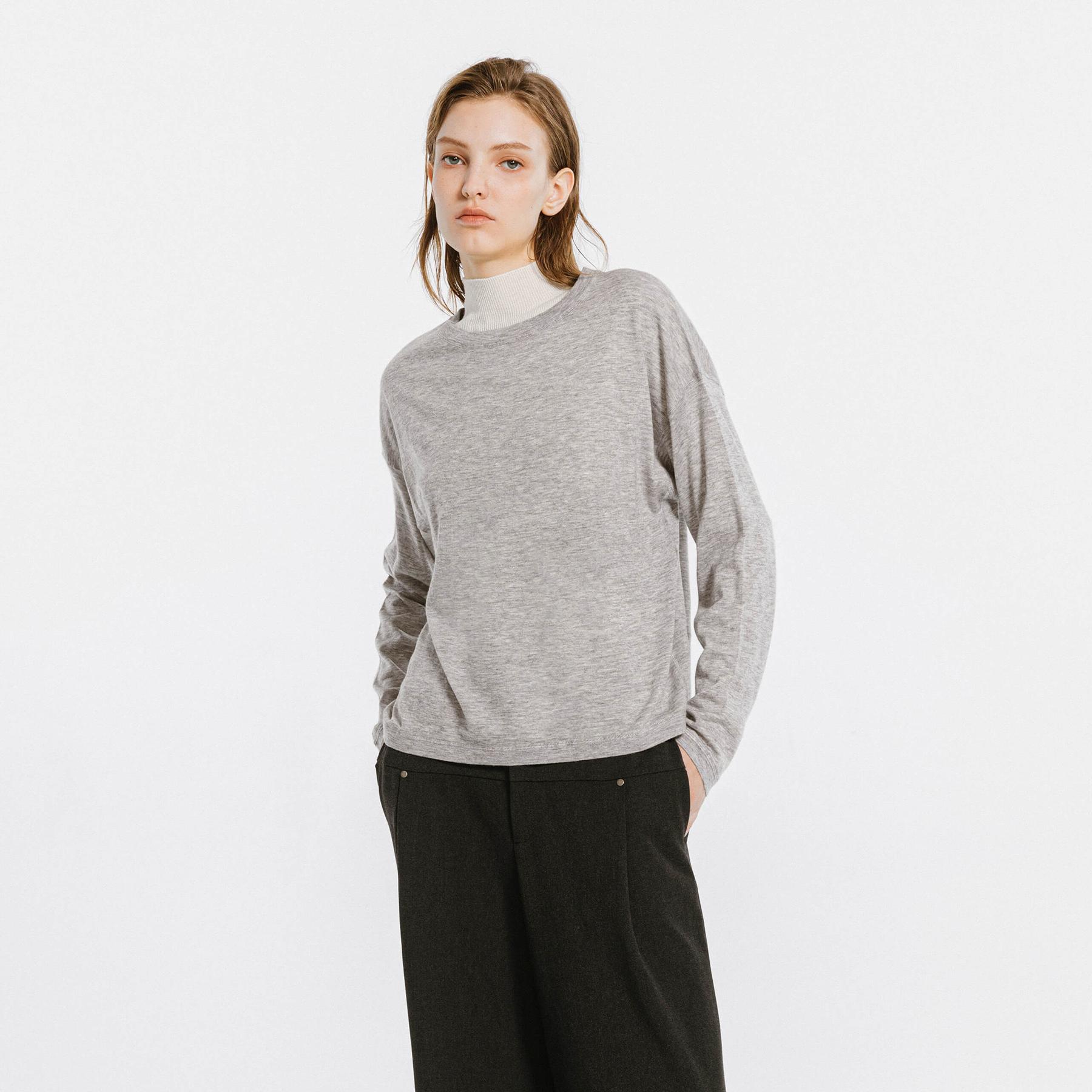 Crew Neck Long Sleeve Top with Wool Blend-6