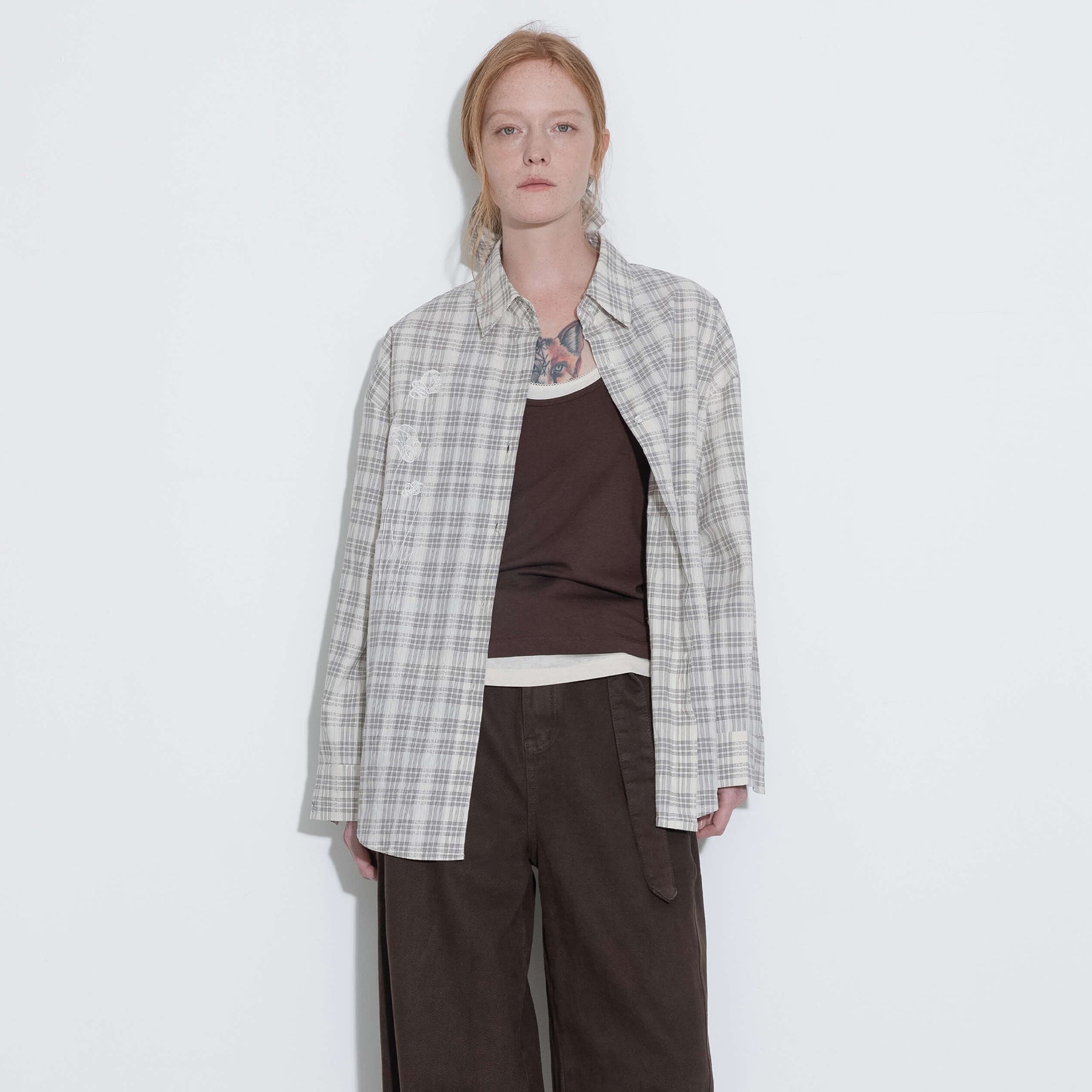 100% Cotton Embroidered Lace Checkered Oversized Shirt-7