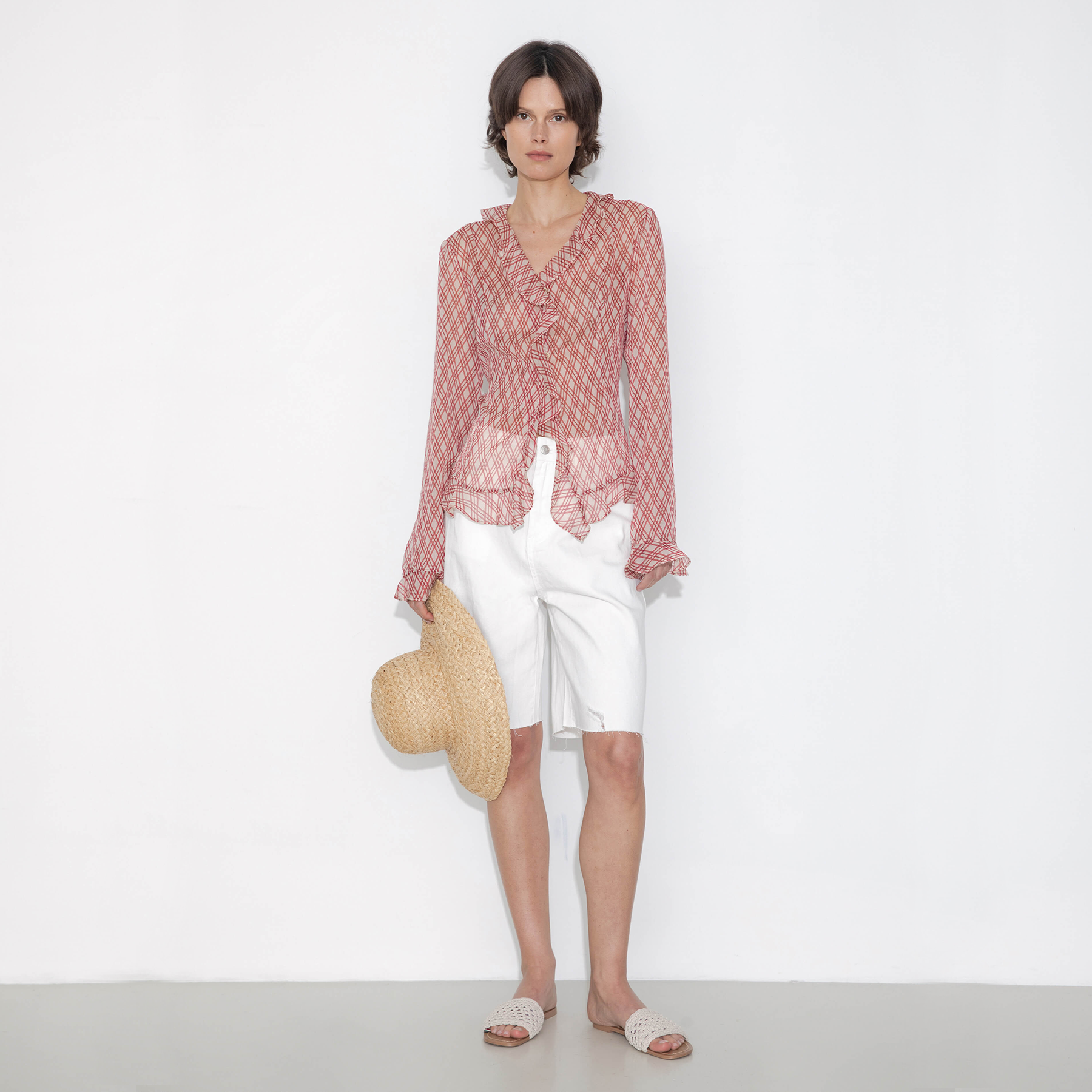Semi-Sheer Ruffle Trim Check Shirt-5