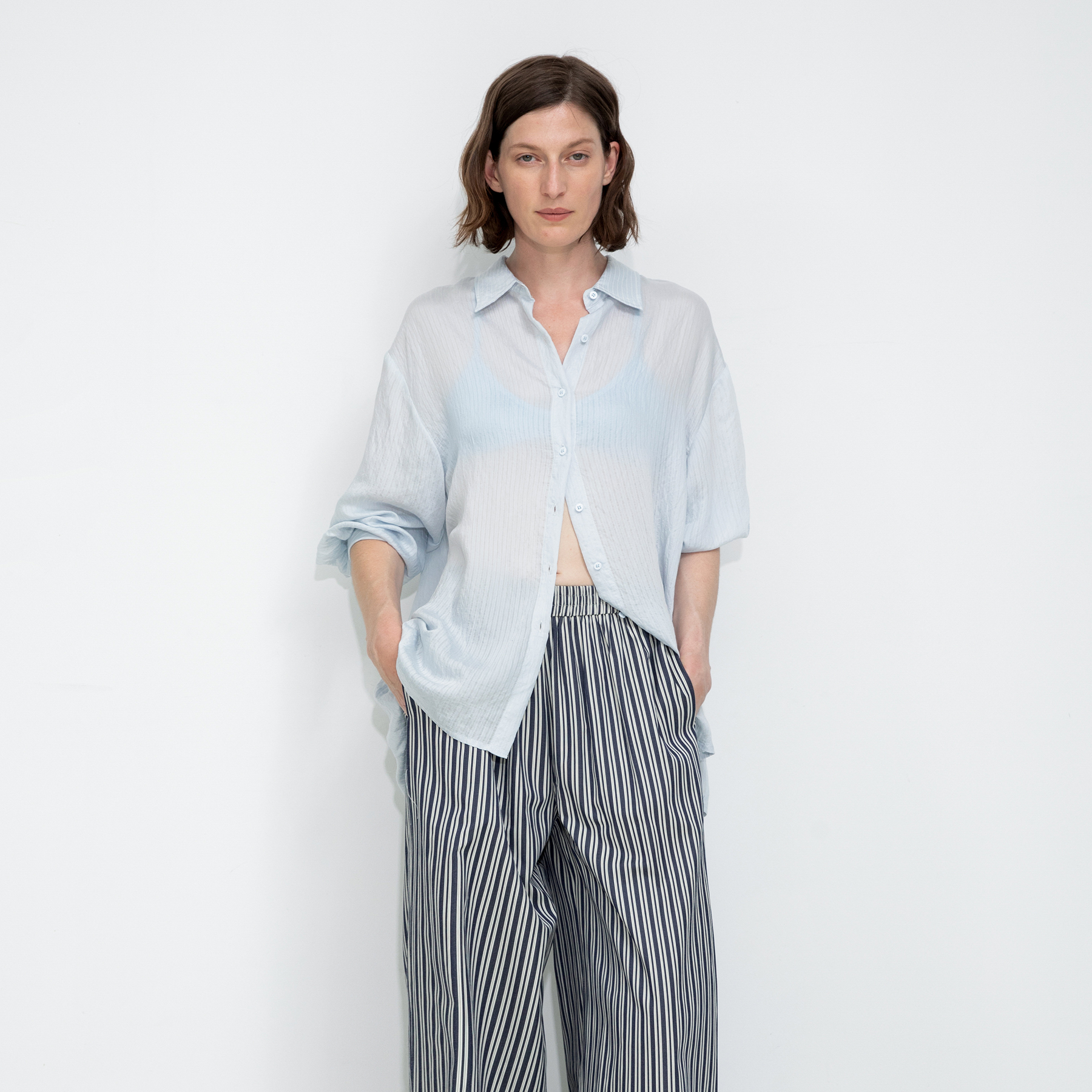 Semi-Sheer Oversized Striped Pattern Shirt-7
