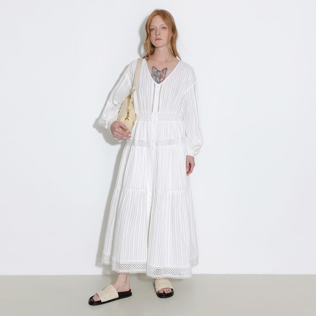 100% Cotton Lace Hollow V-Neck Waist-Cinched Maxi Dress-5