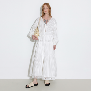 100% Cotton Lace Hollow V-Neck Waist-Cinched Maxi Dress