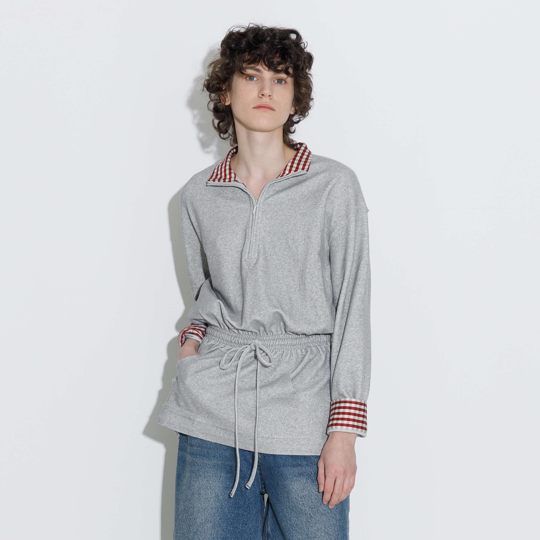 Long Sleeve Color-Block Drawstring Waist Polo Shirt-4