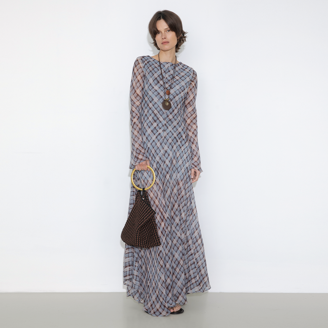 Checkered Crew Neck Long Sleeve Dress-7