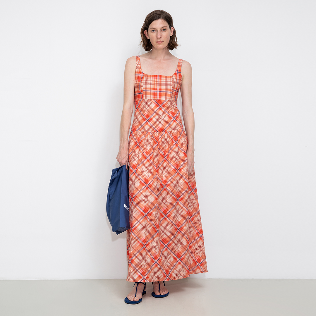 Red Check Print Square Neck Dress-7