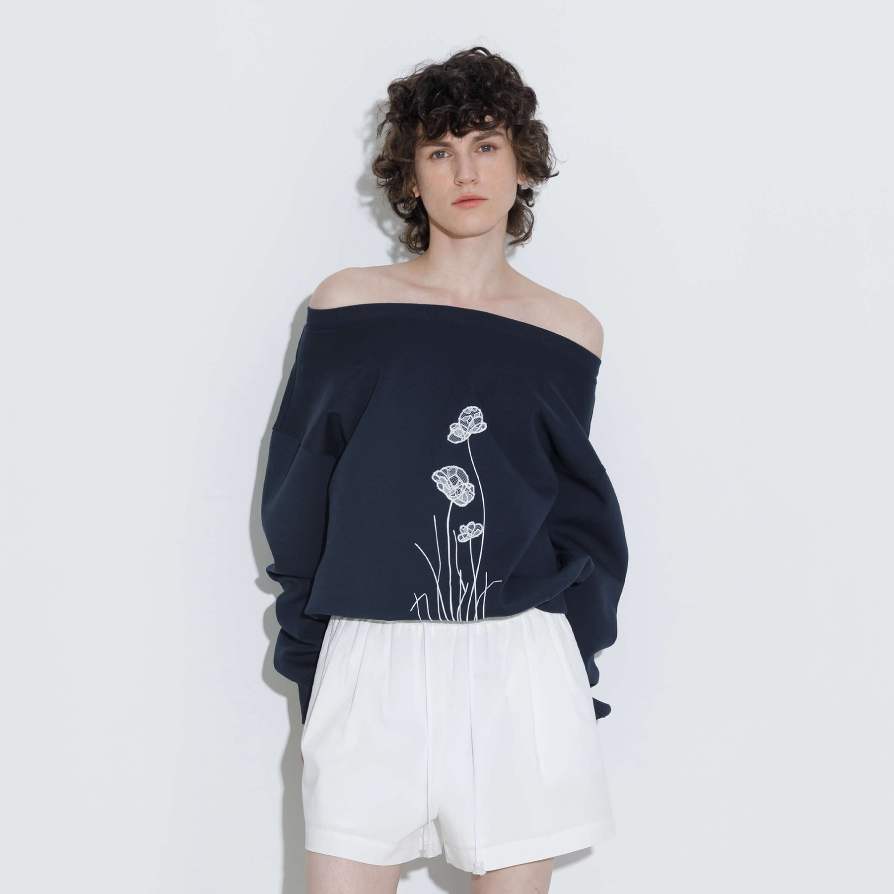 Lace Print Oversized Sweatshirt with Wide Neckline-3