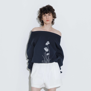 Lace Print Oversized Sweatshirt with Wide Neckline