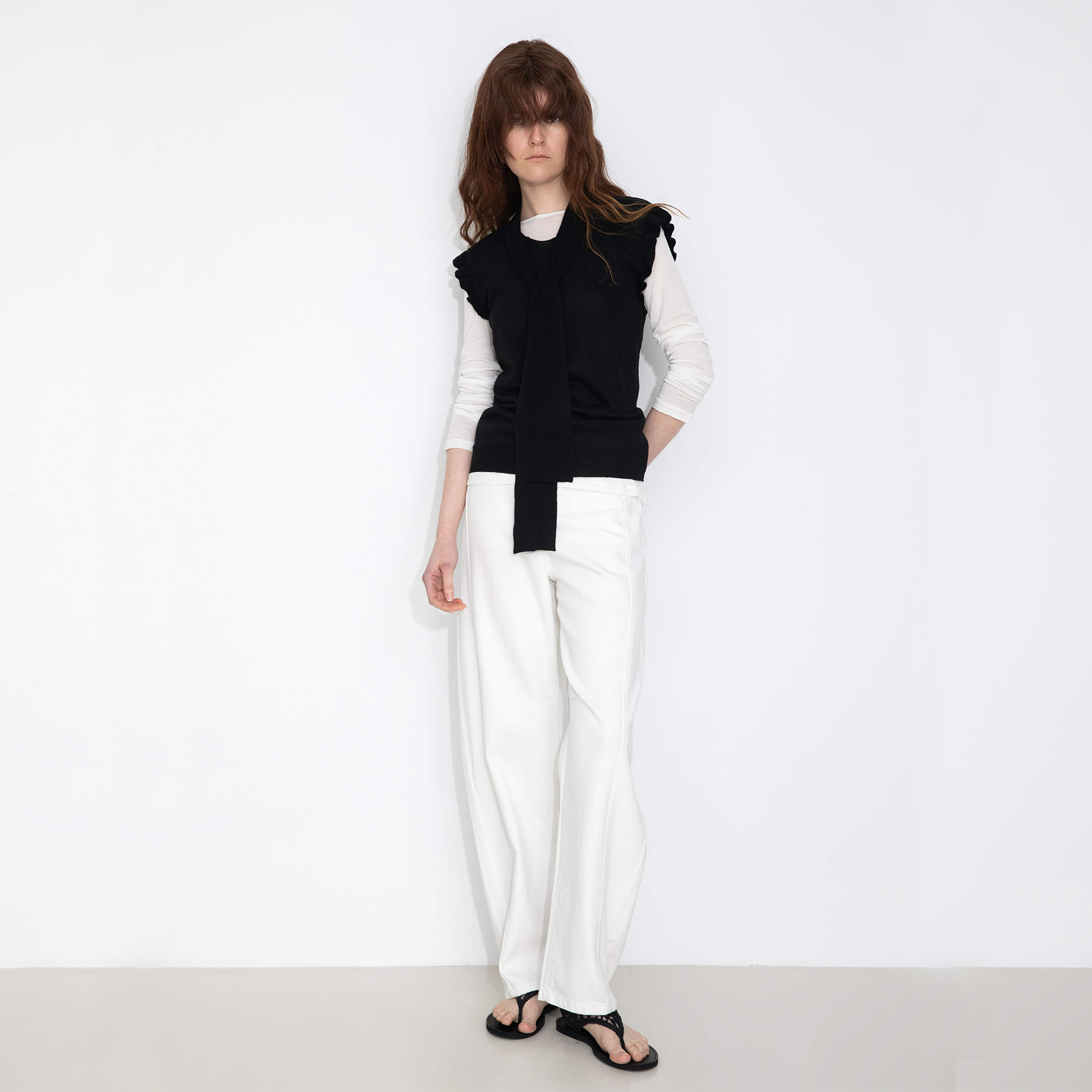Ruffled Sleeve Sleeveless Knit Top with Attached Scarf-12