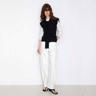 Ruffled Sleeve Sleeveless Knit Top with Attached Scarf
