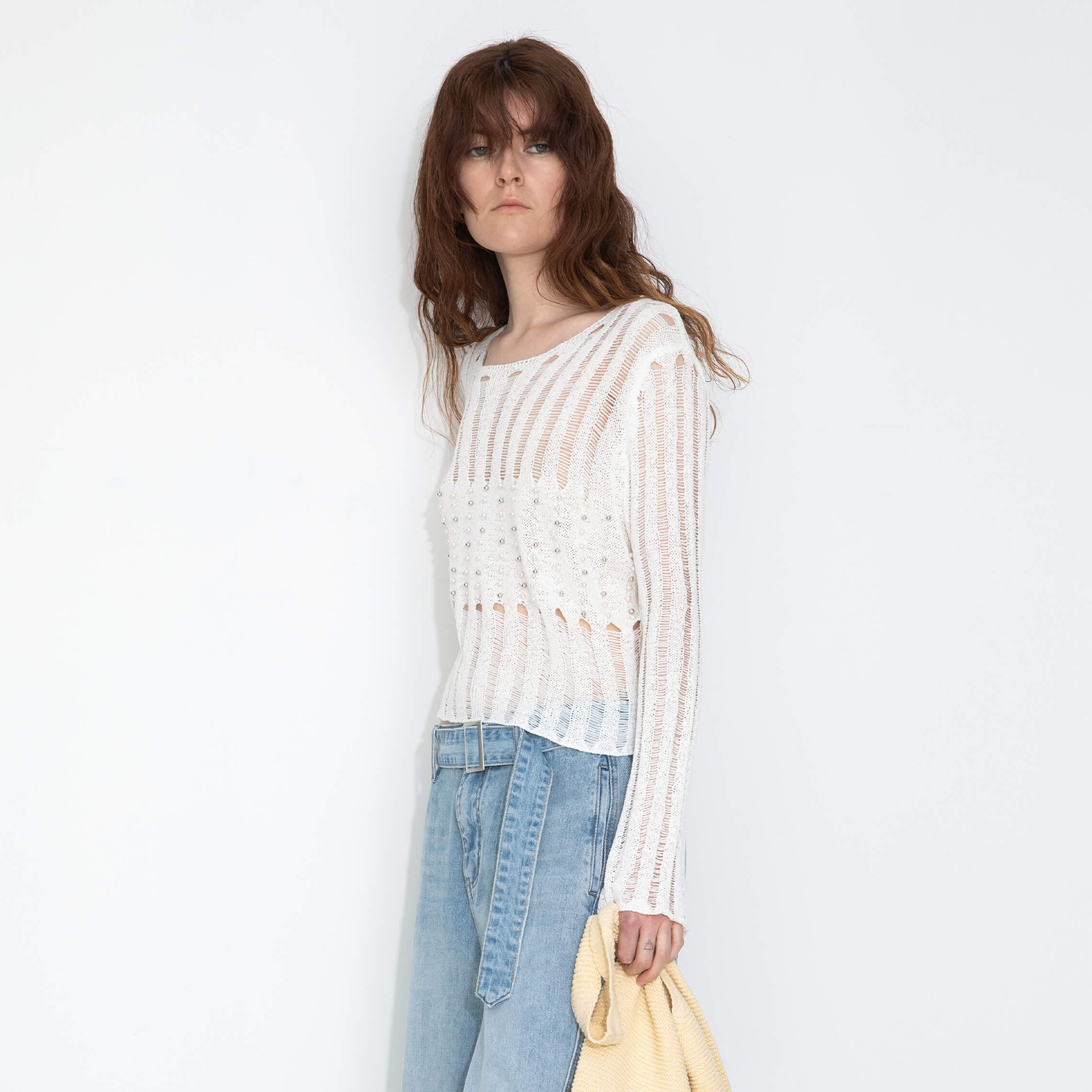Beaded Hollow-Out Knit Top with Flare Sleeves-14
