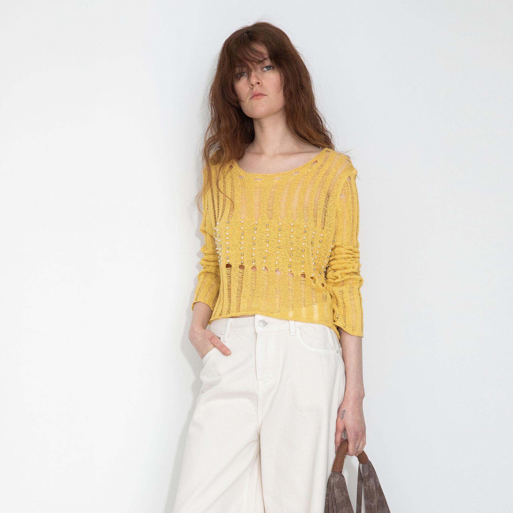 Beaded Hollow-Out Knit Top with Flare Sleeves-6