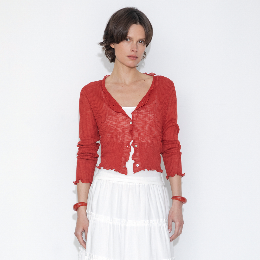 V-Neck Knit Cardigan with Ruffled Long Sleeves-7