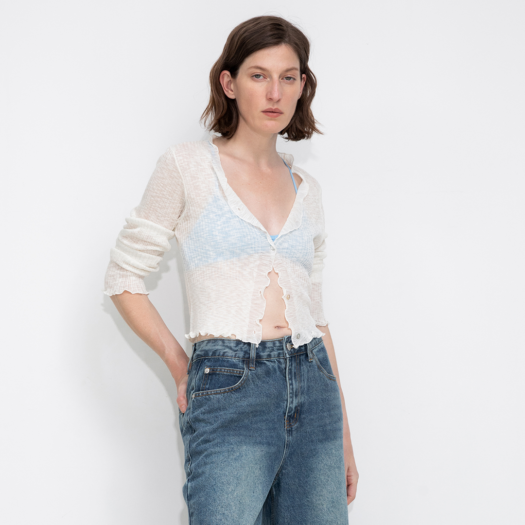 V-Neck Knit Cardigan with Ruffled Long Sleeves-13