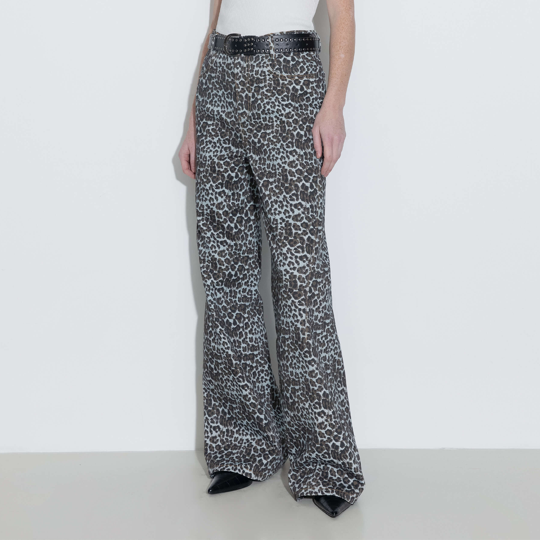 100% Cotton Leopard Print Flared Trousers-4