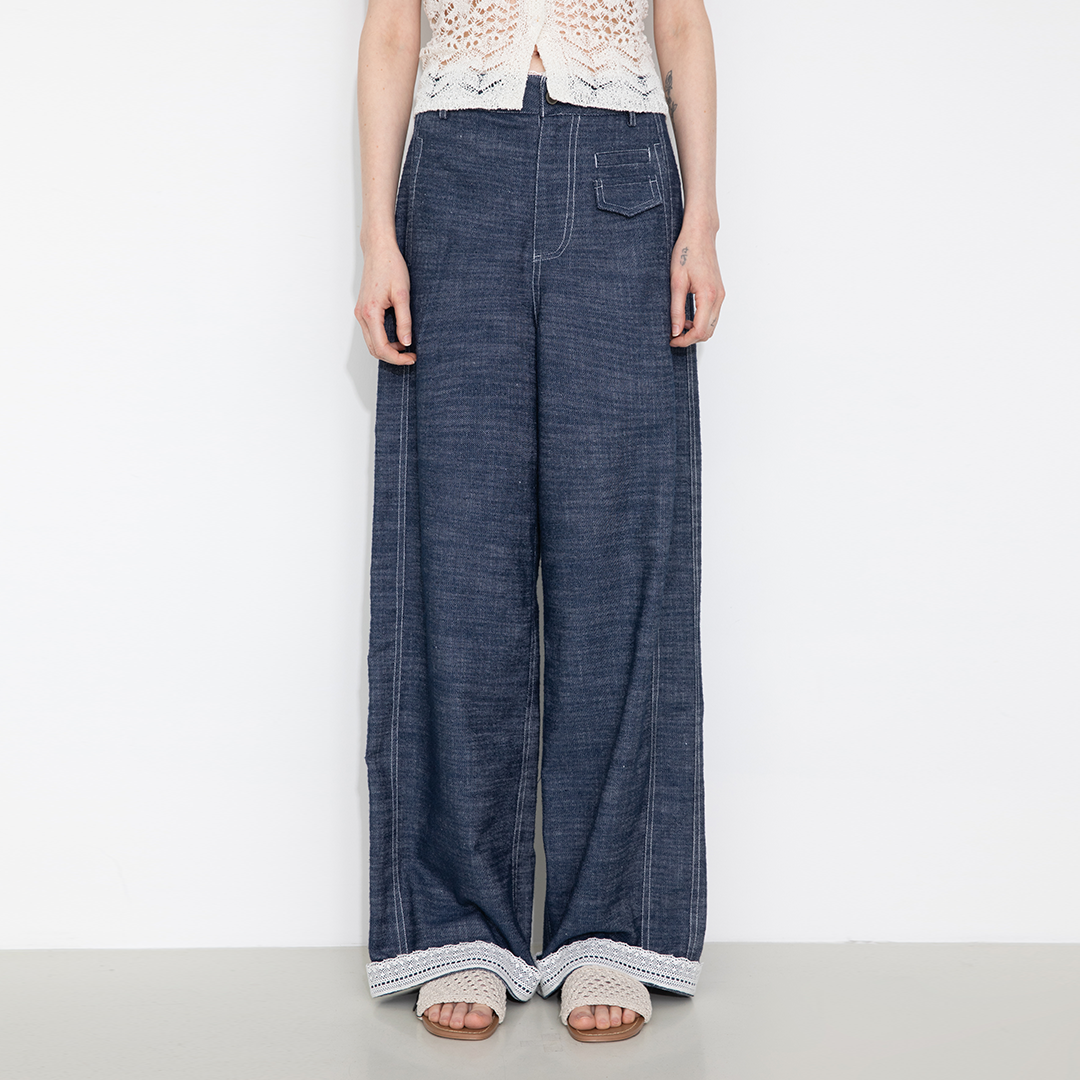 Linen-Cotton Lace Wide-Leg Straight Jeans-7