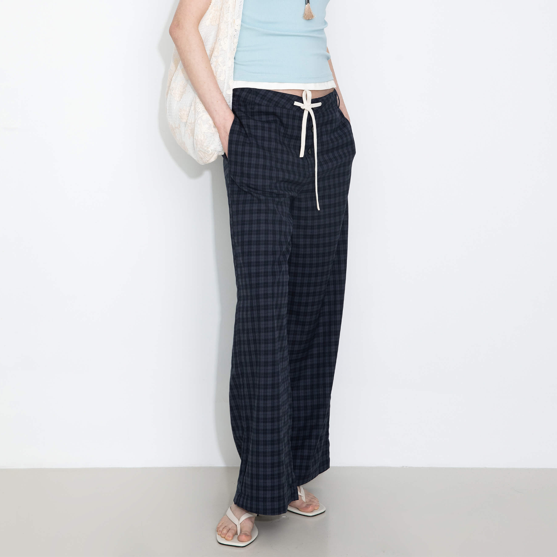 Drawstring Checkered Wide-Leg Casual Pants-6