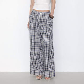 Striped Check High-Waisted Wide-Leg Casual Pants