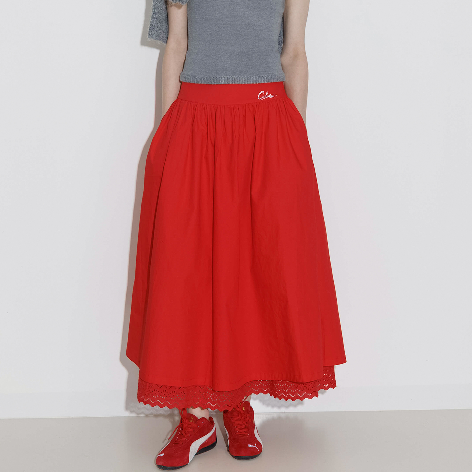 100% Cotton Double Layer Lace A-Line Skirt-3