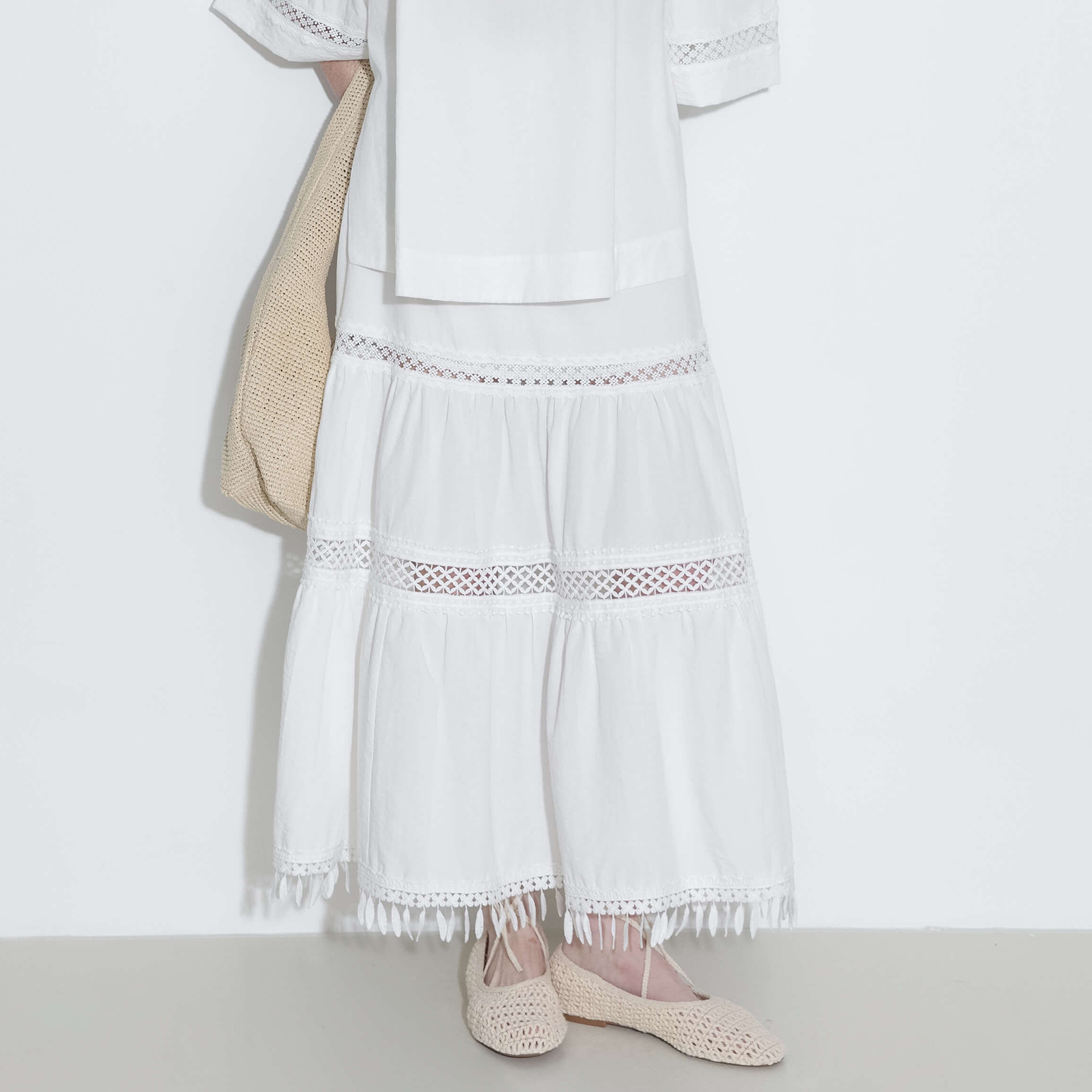 High-Waisted Hollow Out Tassel Trim Maxi Skirt-14