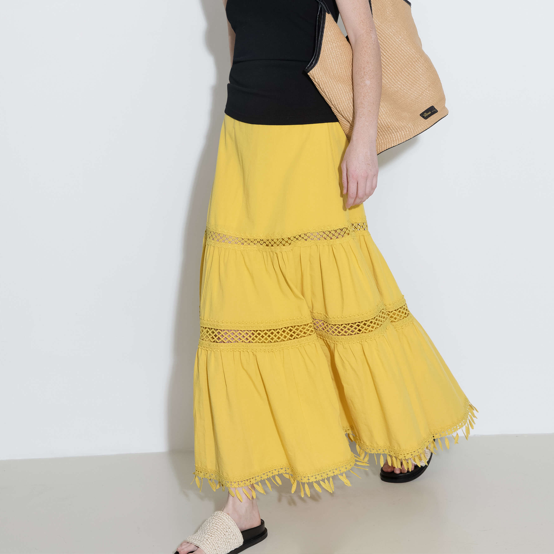 High-Waisted Hollow Out Tassel Trim Maxi Skirt-6