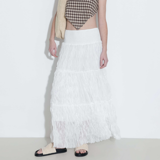White Wavy Draped Midi Skirt
