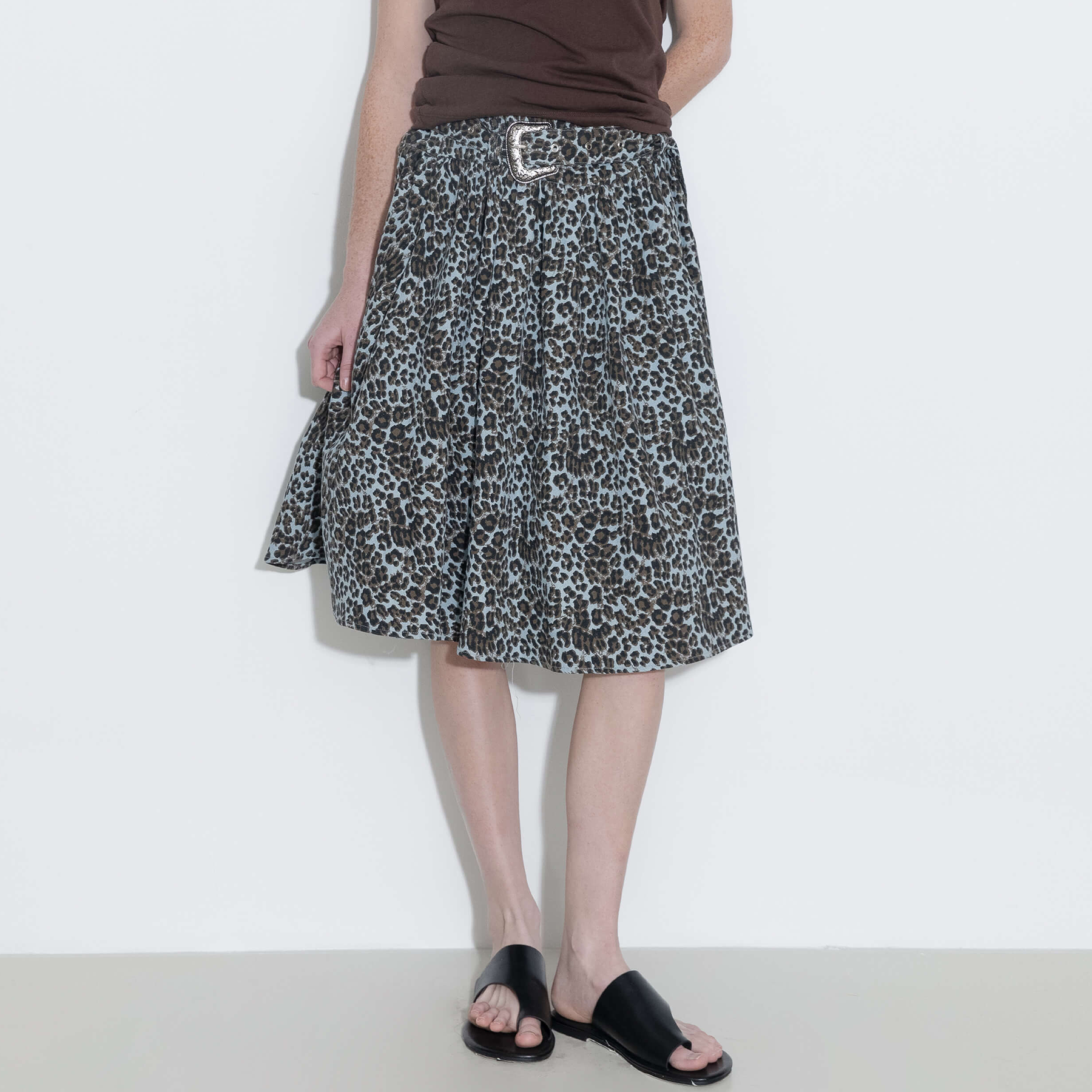 Leopard Print Pleated A-Line Skirt with Belt-3