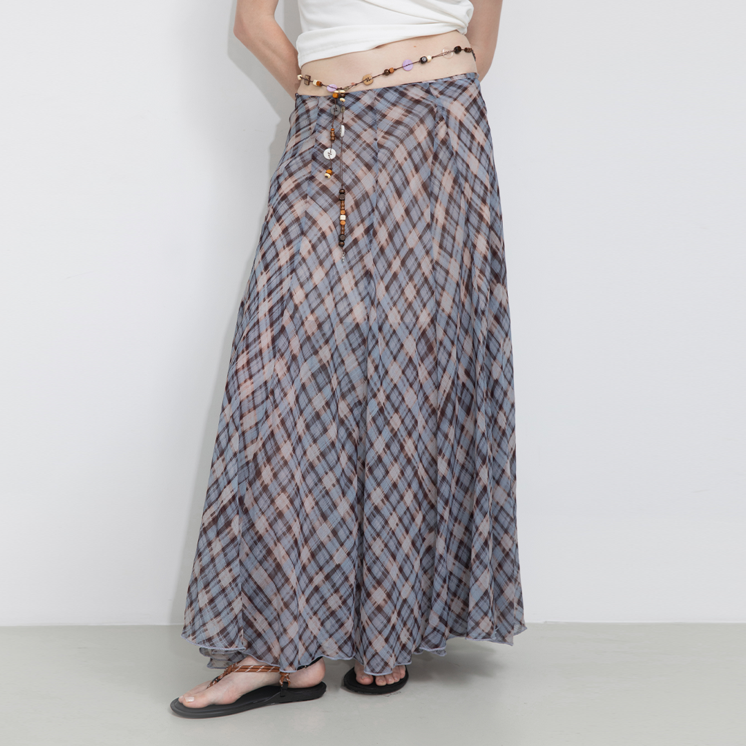 Asymmetrical Flowy Check Maxi Skirt-Blue-7