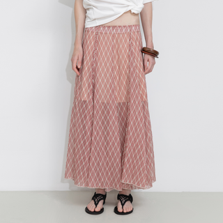 Asymmetrical Flowy Check Maxi Skirt-Red