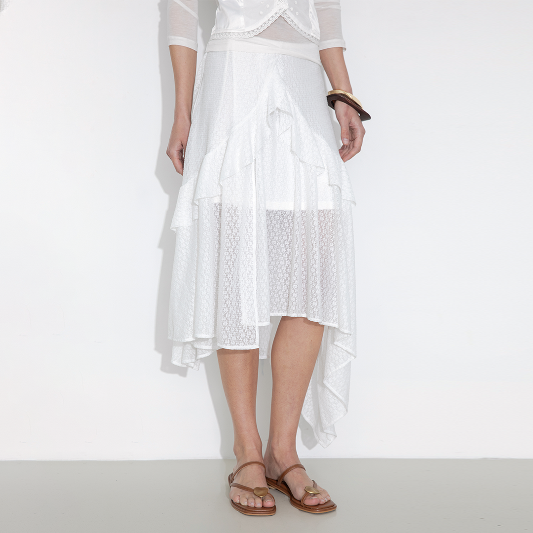 Asymmetrical Ruffled Floral Eyelet Skirt-7
