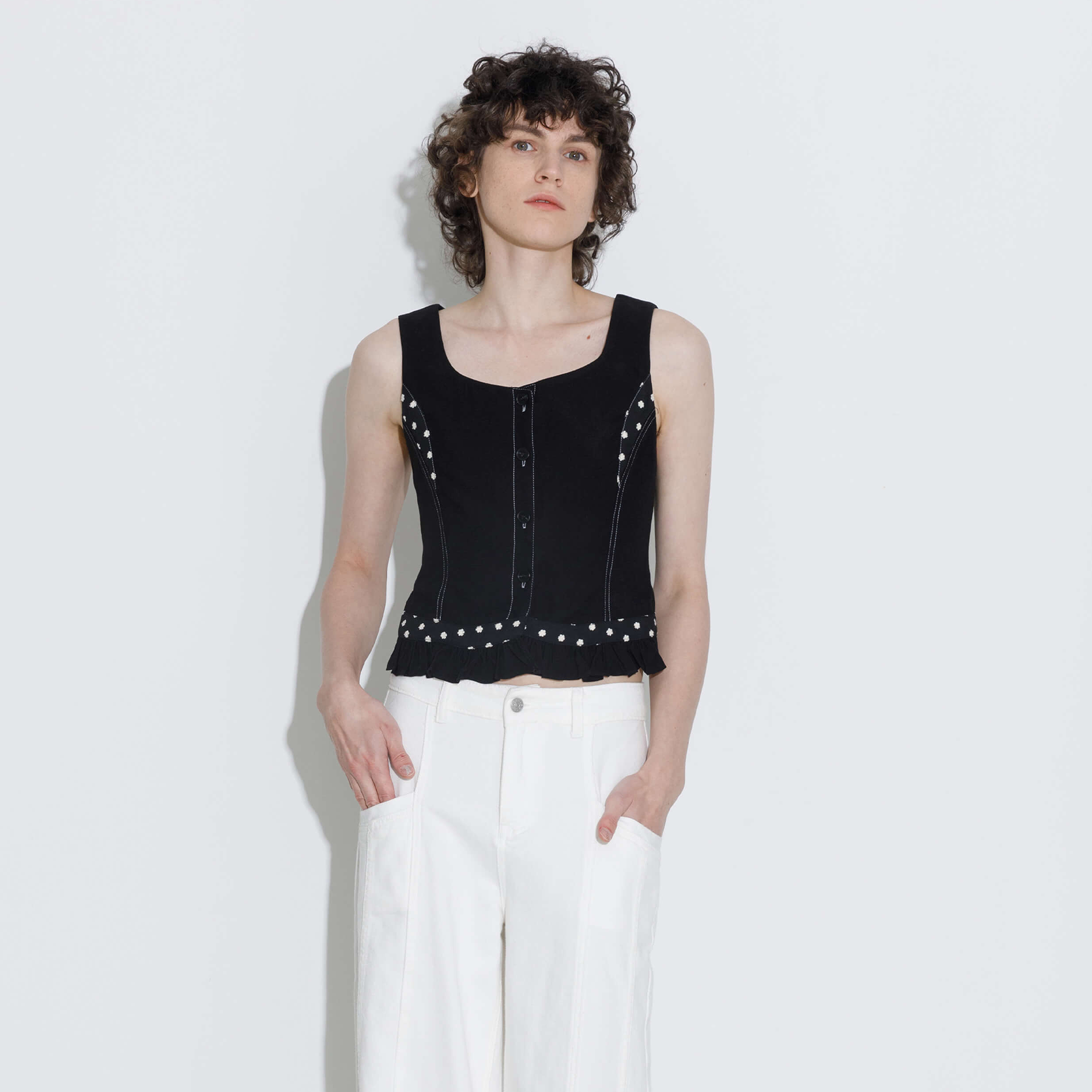 Buttoned Sleeveless Color-Block Lace Vest-3