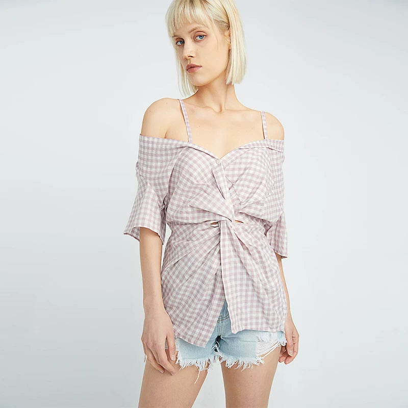 Off-Shoulder Knotted Checkered Blouse
