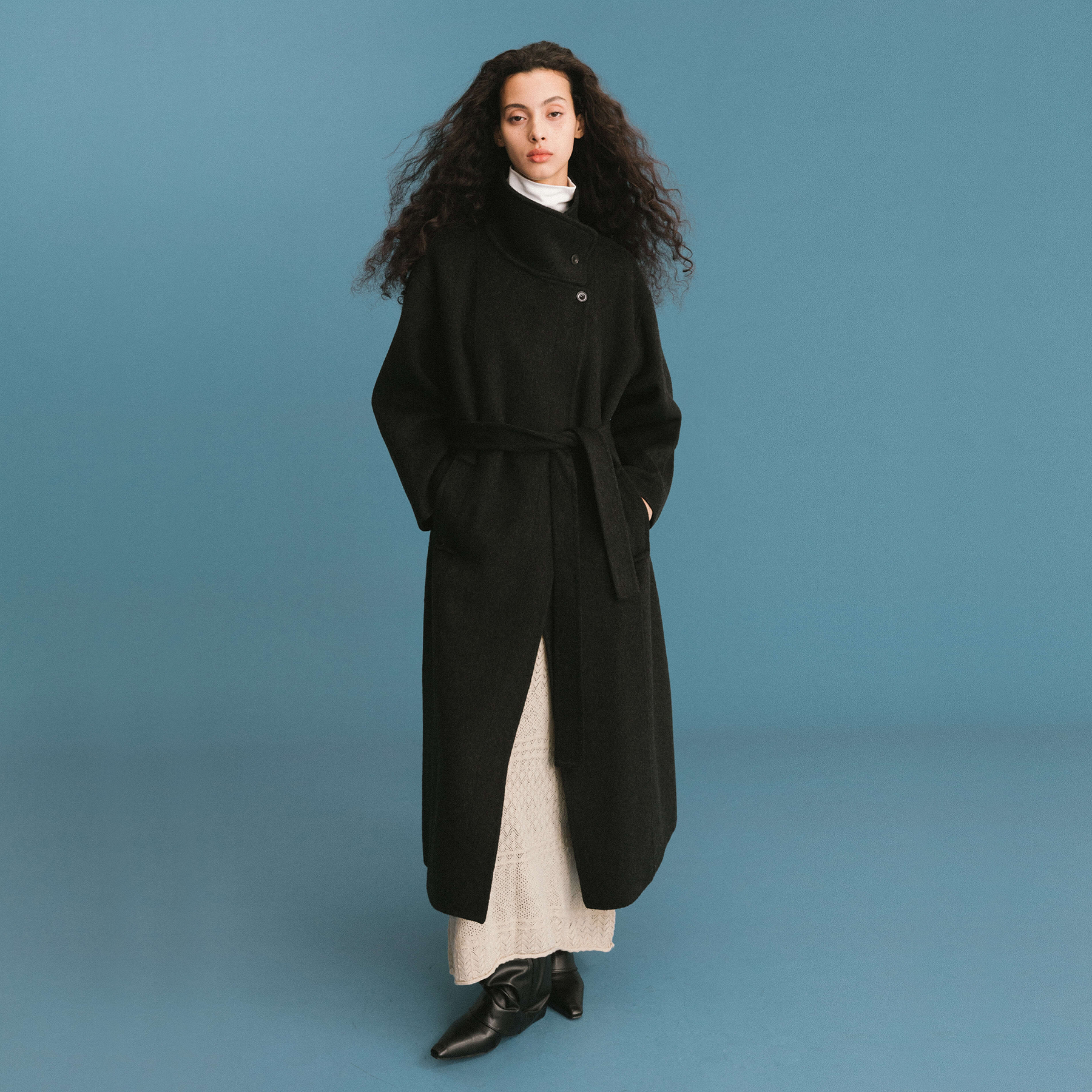 ONE BY CUBIC Double Face Tailored 100% Sheep Wool Coat with Belt-7