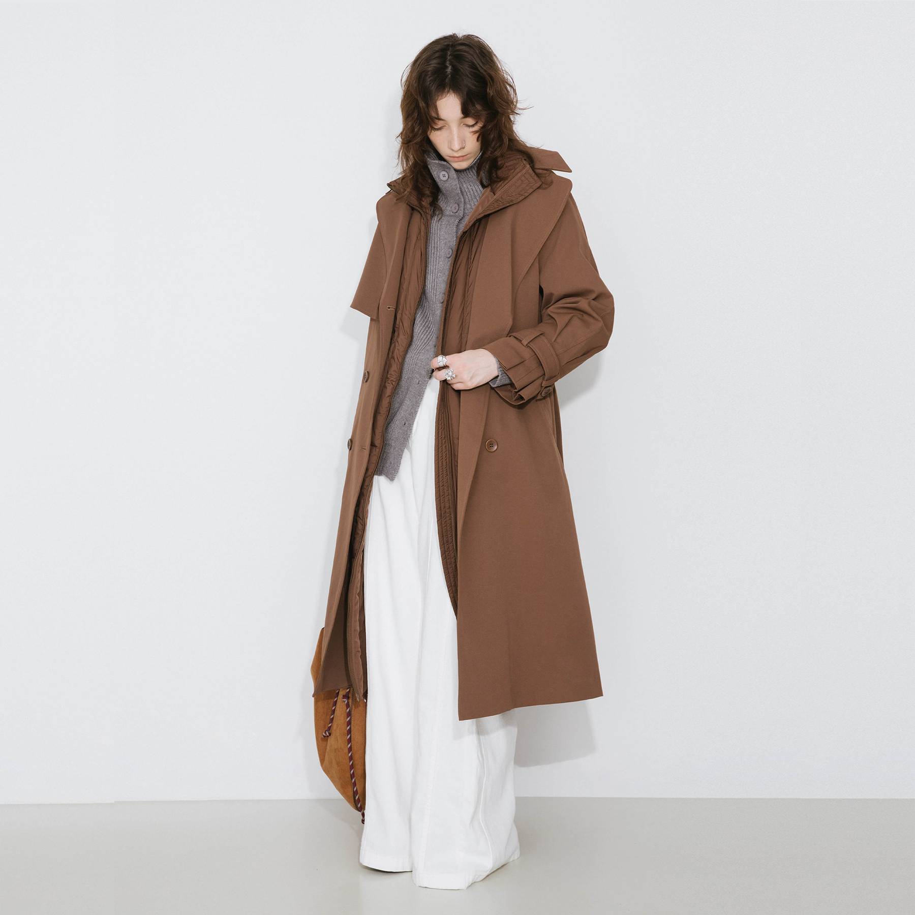 ONE BY CUBIC Double-Layer Long Trench Coat Style Down Coat-7