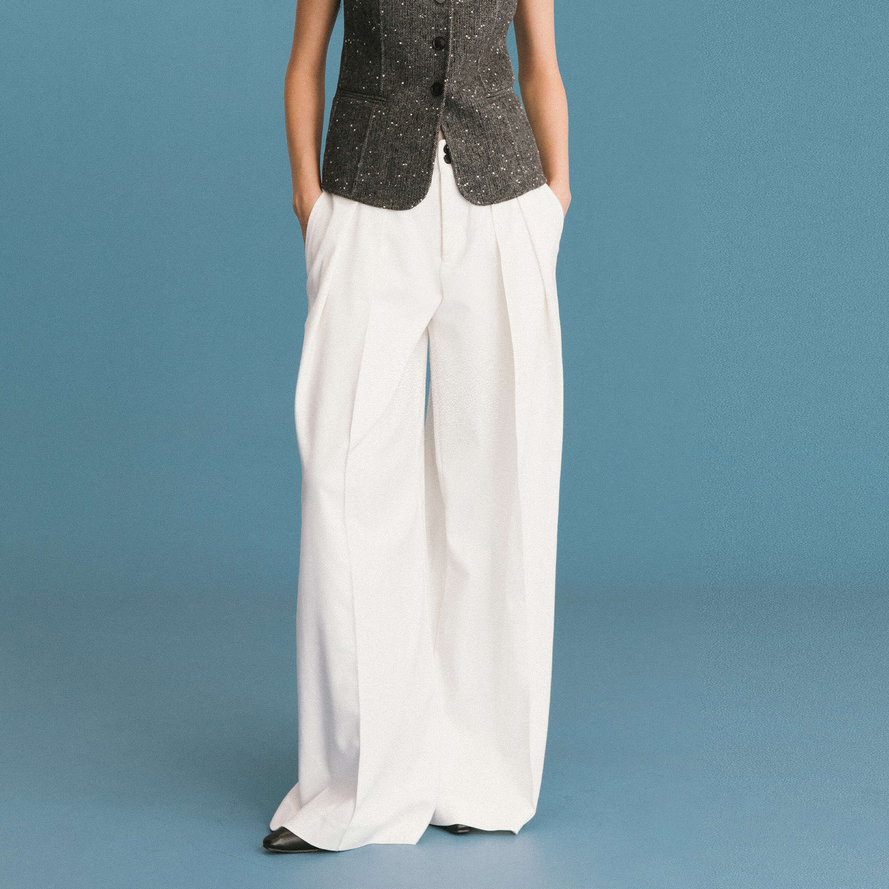 ONE BY CUBIC Pleated Wide Leg Wool Blend Trousers-12