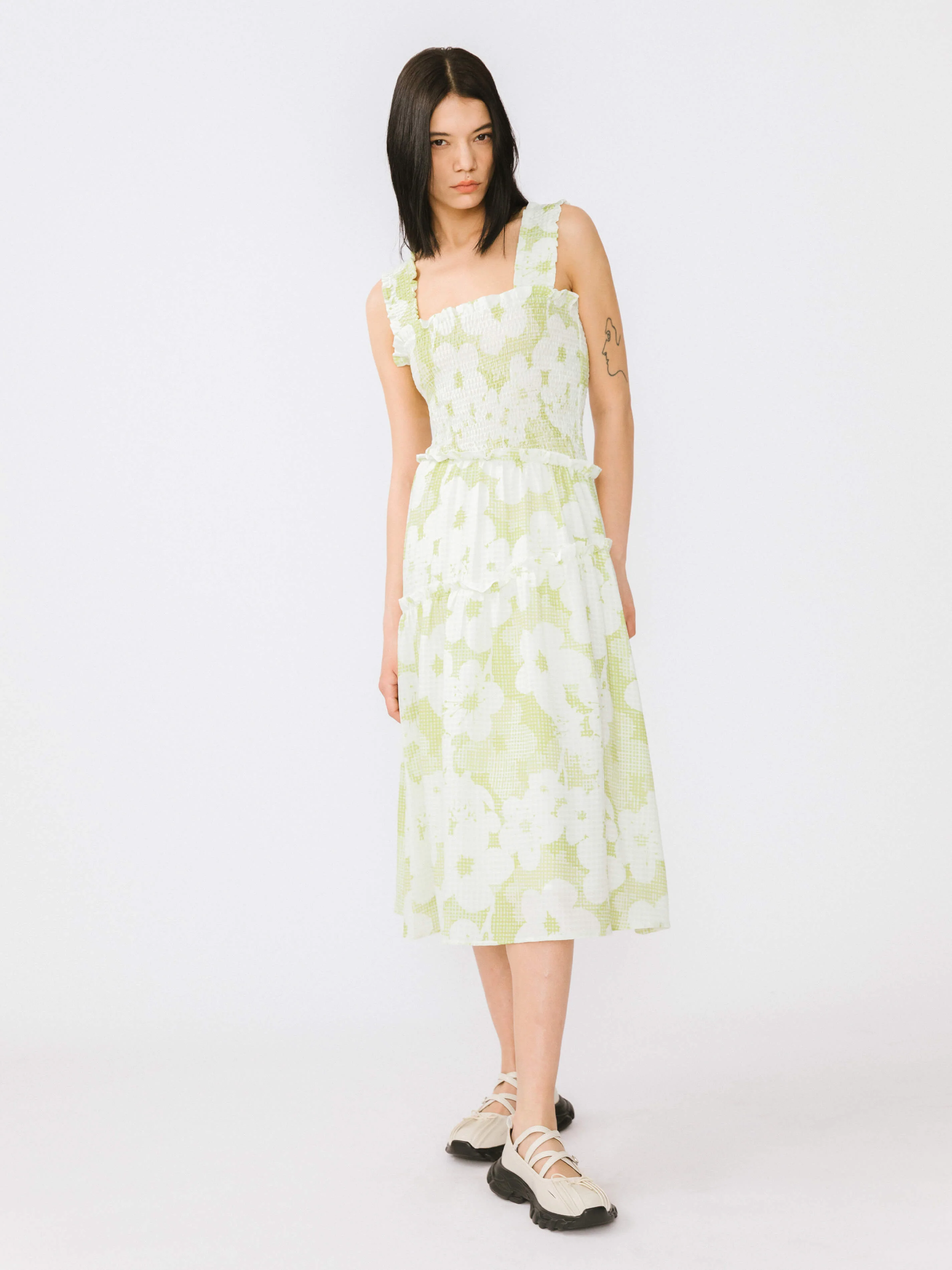 Plaid and Floral A-line Midi Dress-6