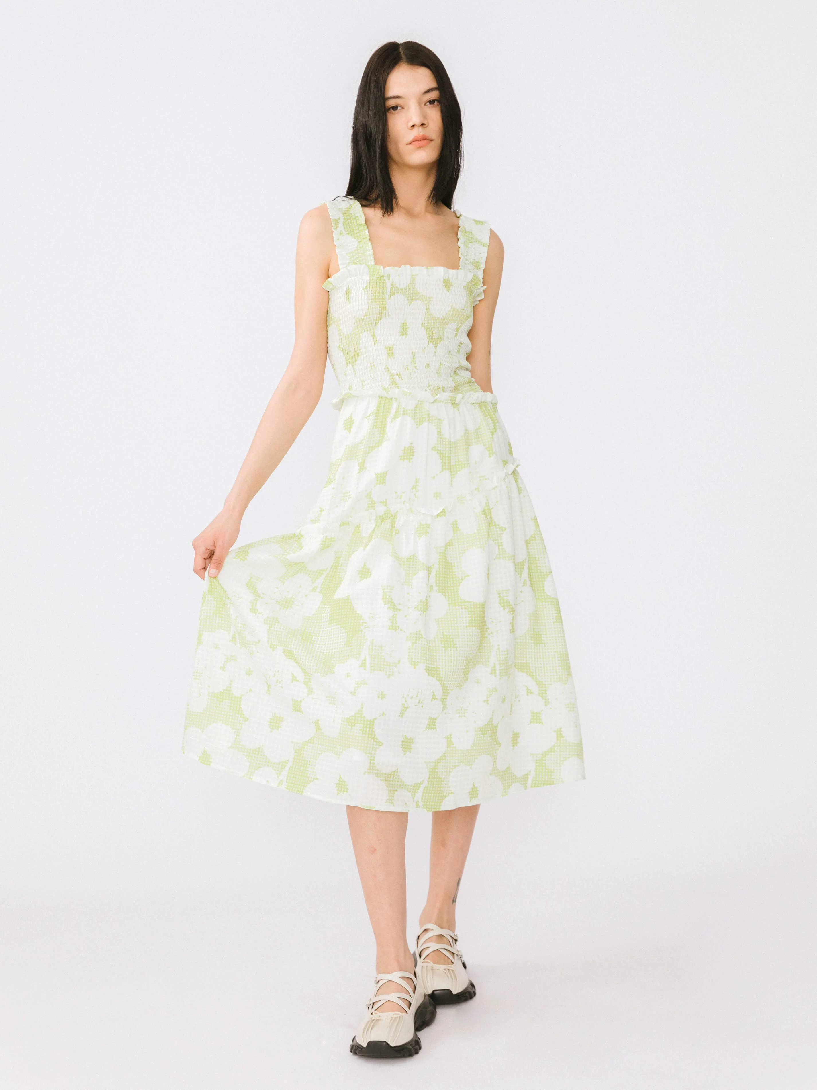 Plaid and Floral A-line Midi Dress-7