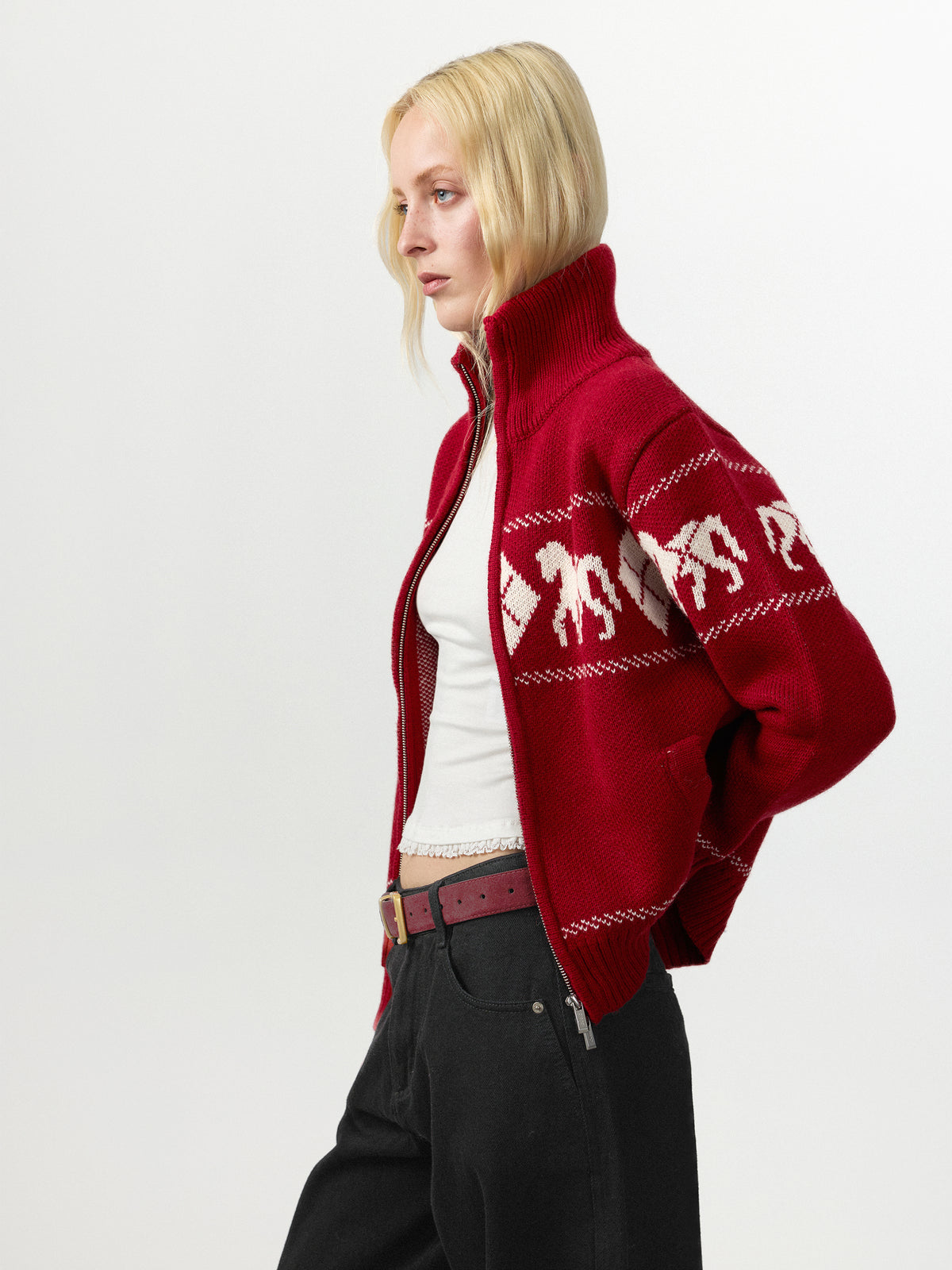 Horse Pattern Diamond Zip-Up Knit Cardigan-4