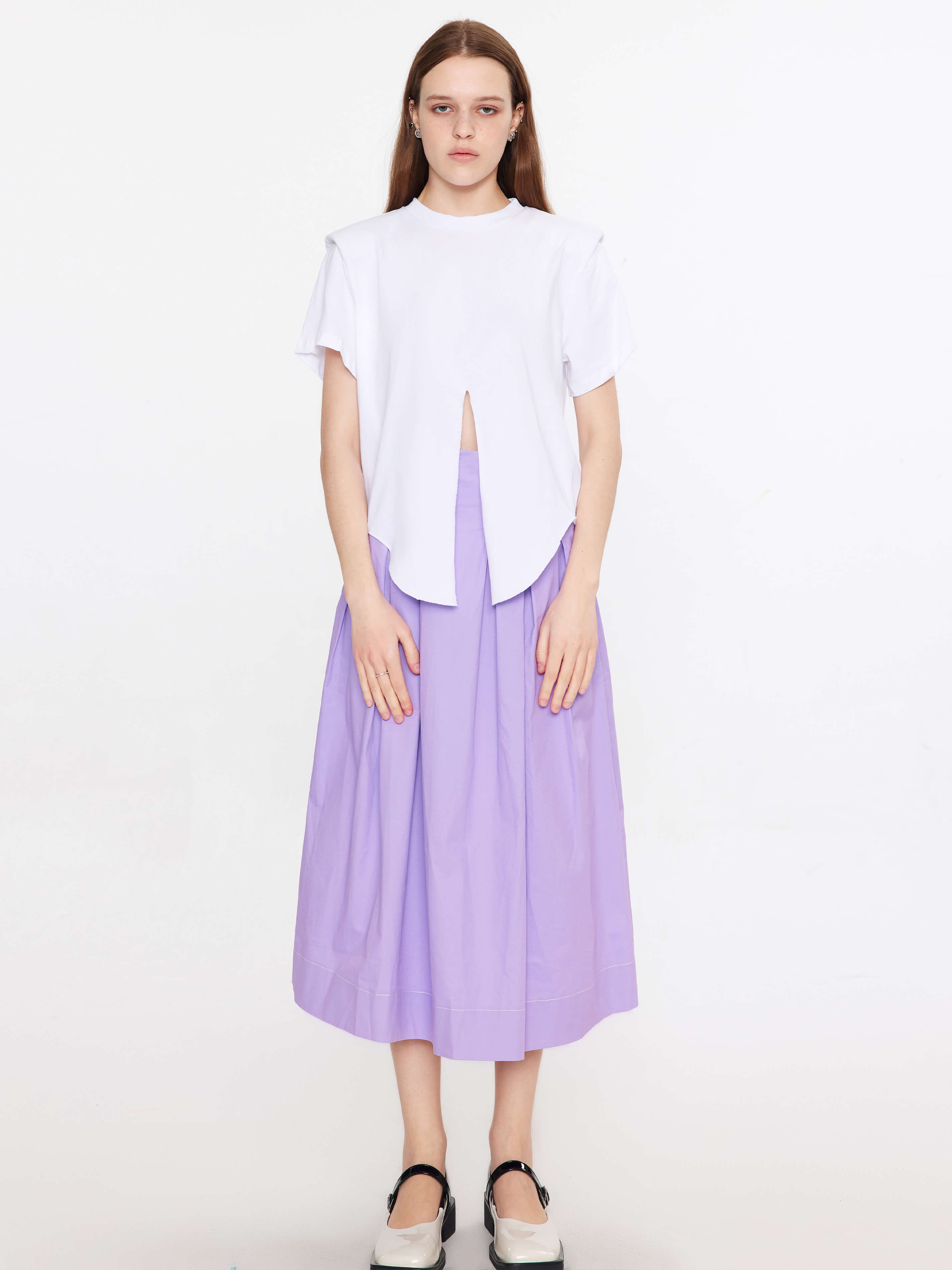 Shoulder Padded Short Sleeve Knot Cotton T-Shirt-14