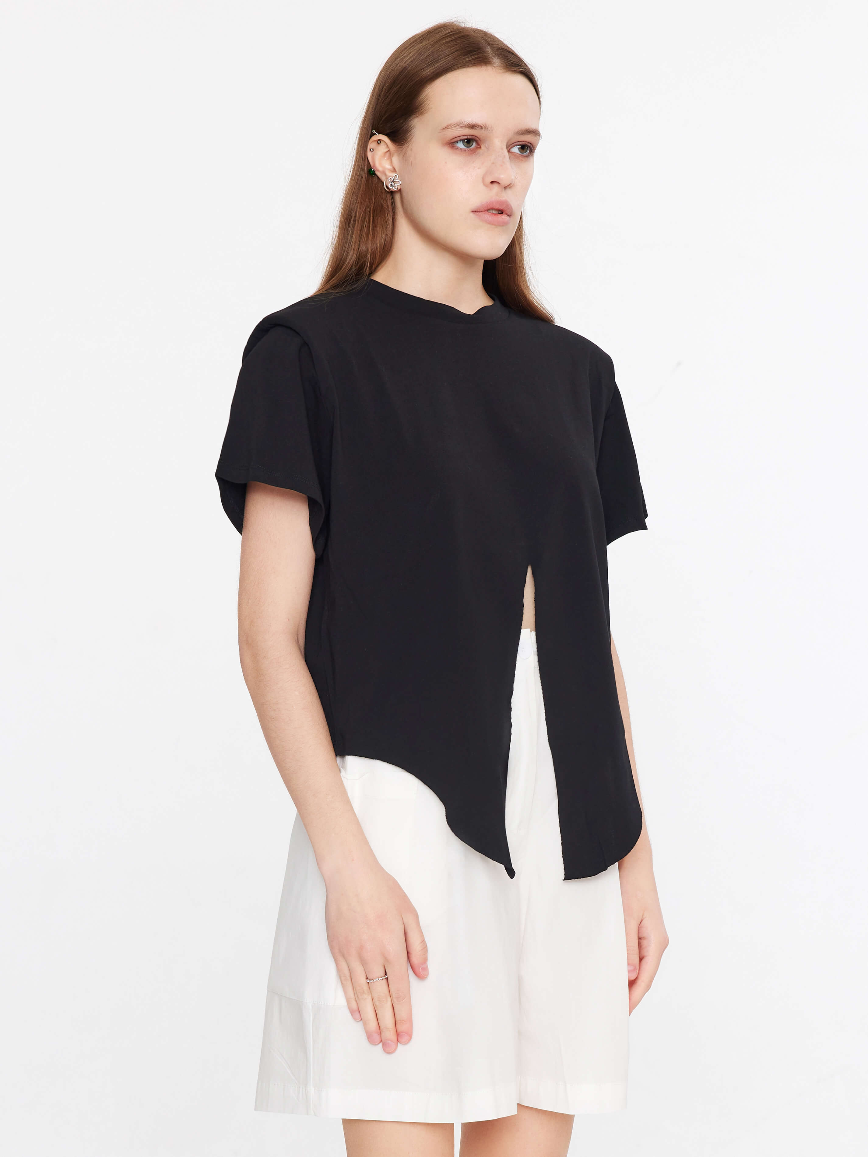 Shoulder Padded Short Sleeve Knot Cotton T-Shirt-2