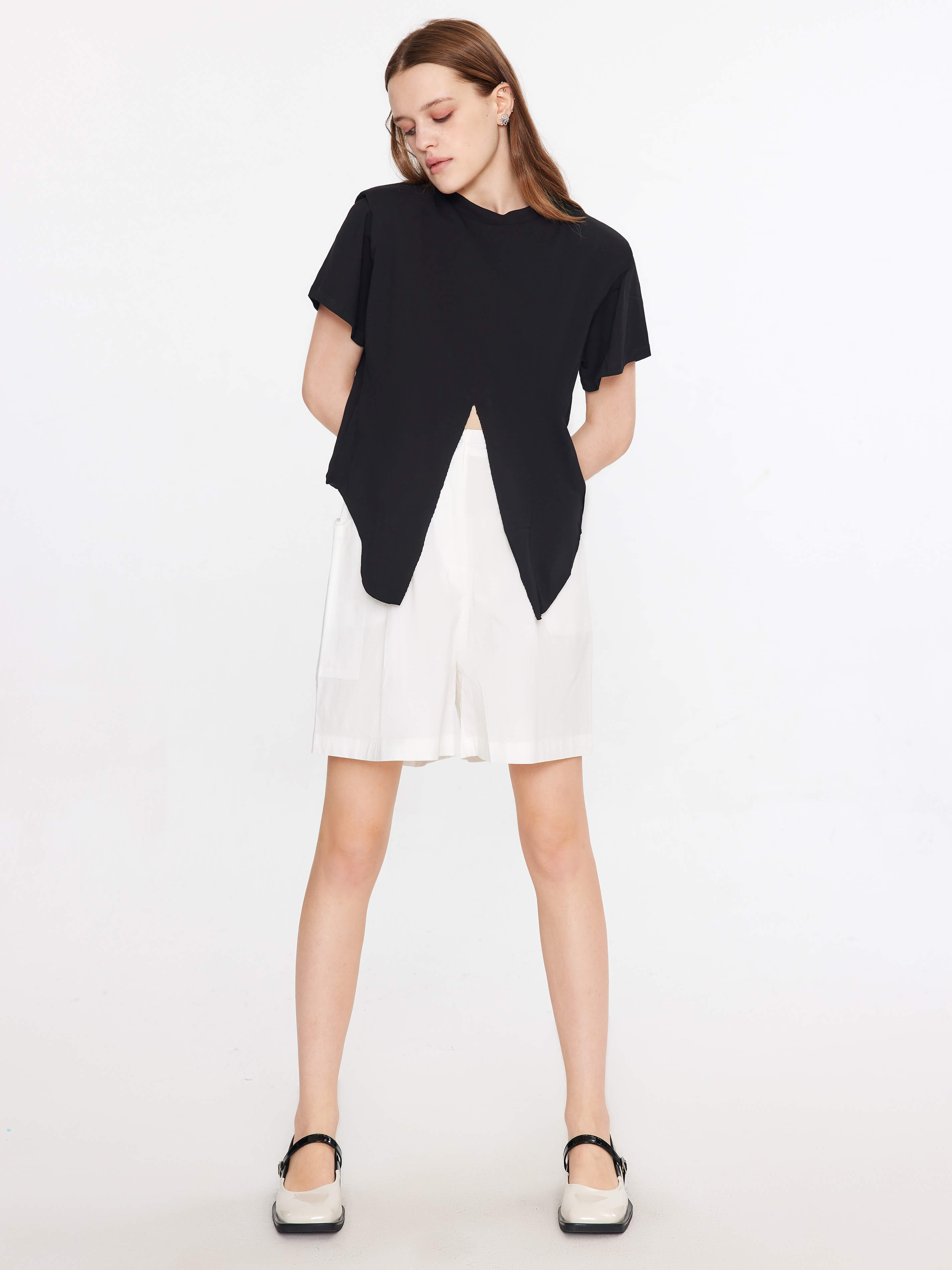 Shoulder Padded Short Sleeve Knot Cotton T-Shirt-3
