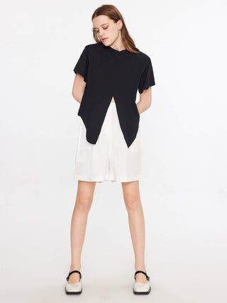 Shoulder Padded Short Sleeve Knot Cotton T-Shirt