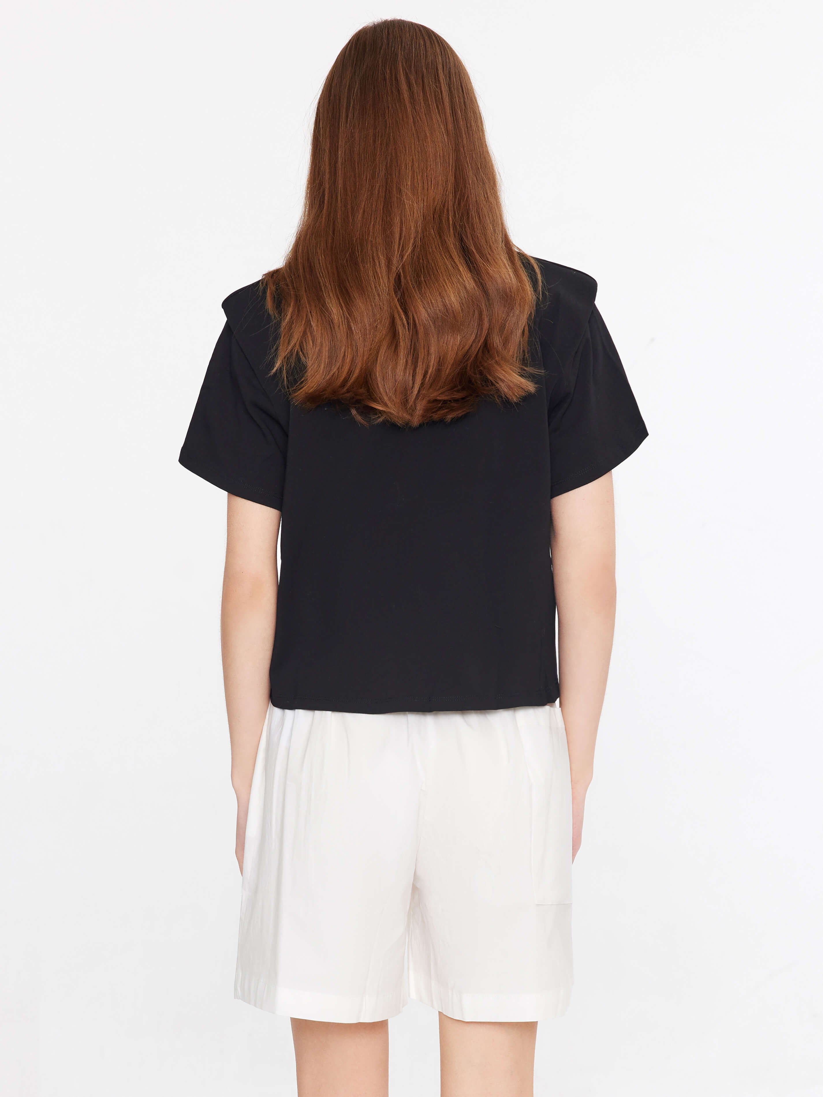 Shoulder Padded Short Sleeve Knot Cotton T-Shirt-4