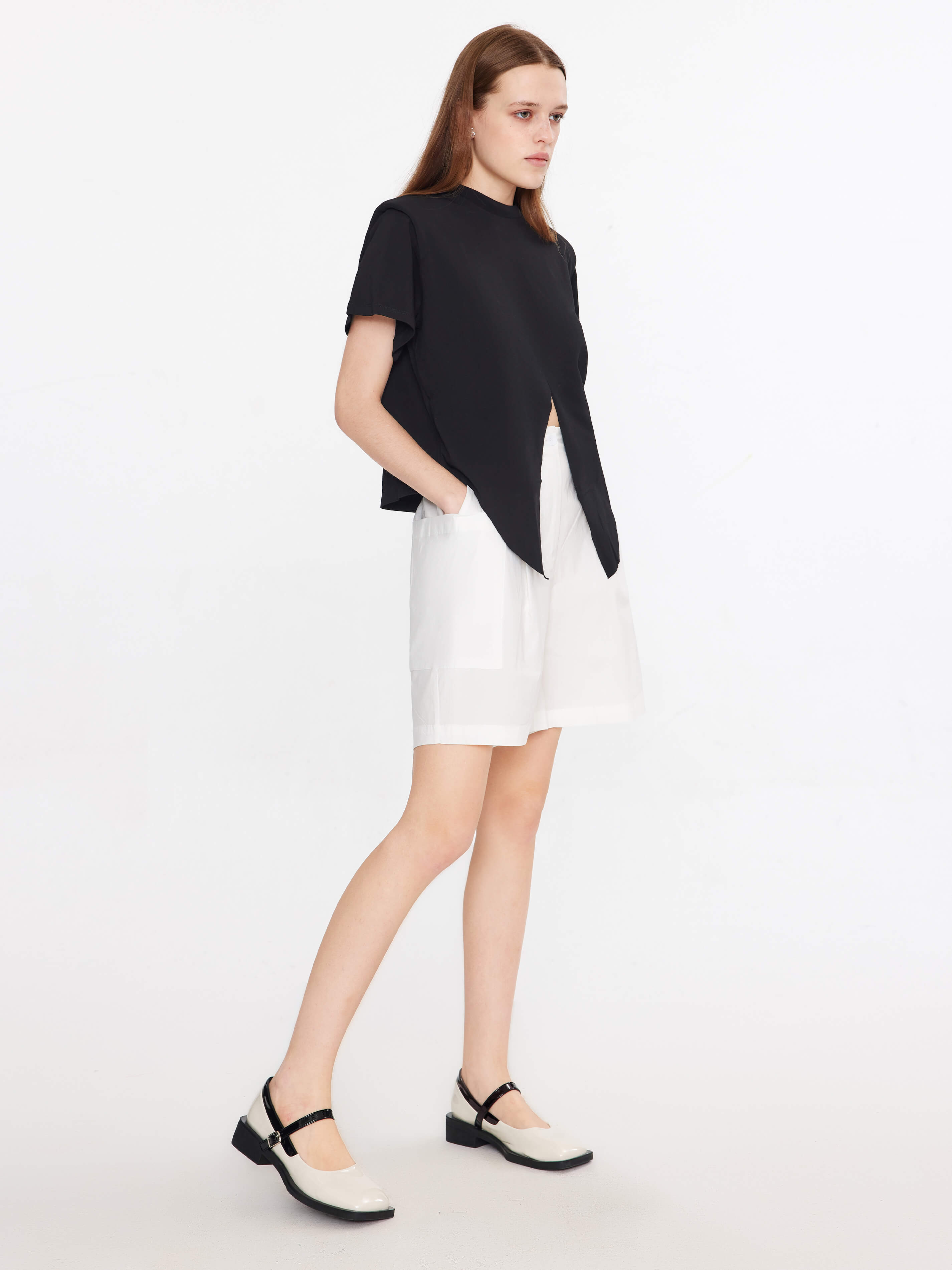 Shoulder Padded Short Sleeve Knot Cotton T-Shirt-5
