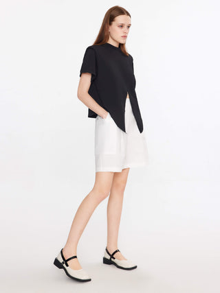 Shoulder Padded Short Sleeve Knot Cotton T-Shirt