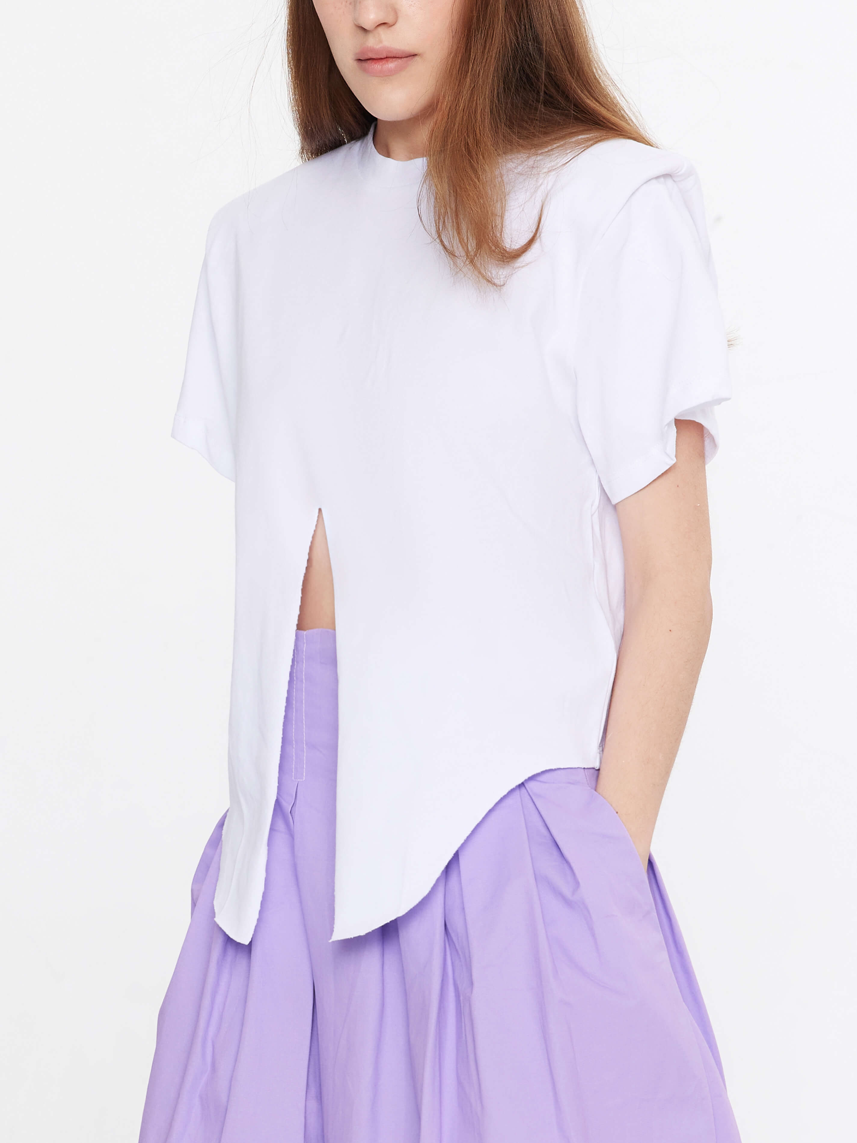 Shoulder Padded Short Sleeve Knot Cotton T-Shirt-12