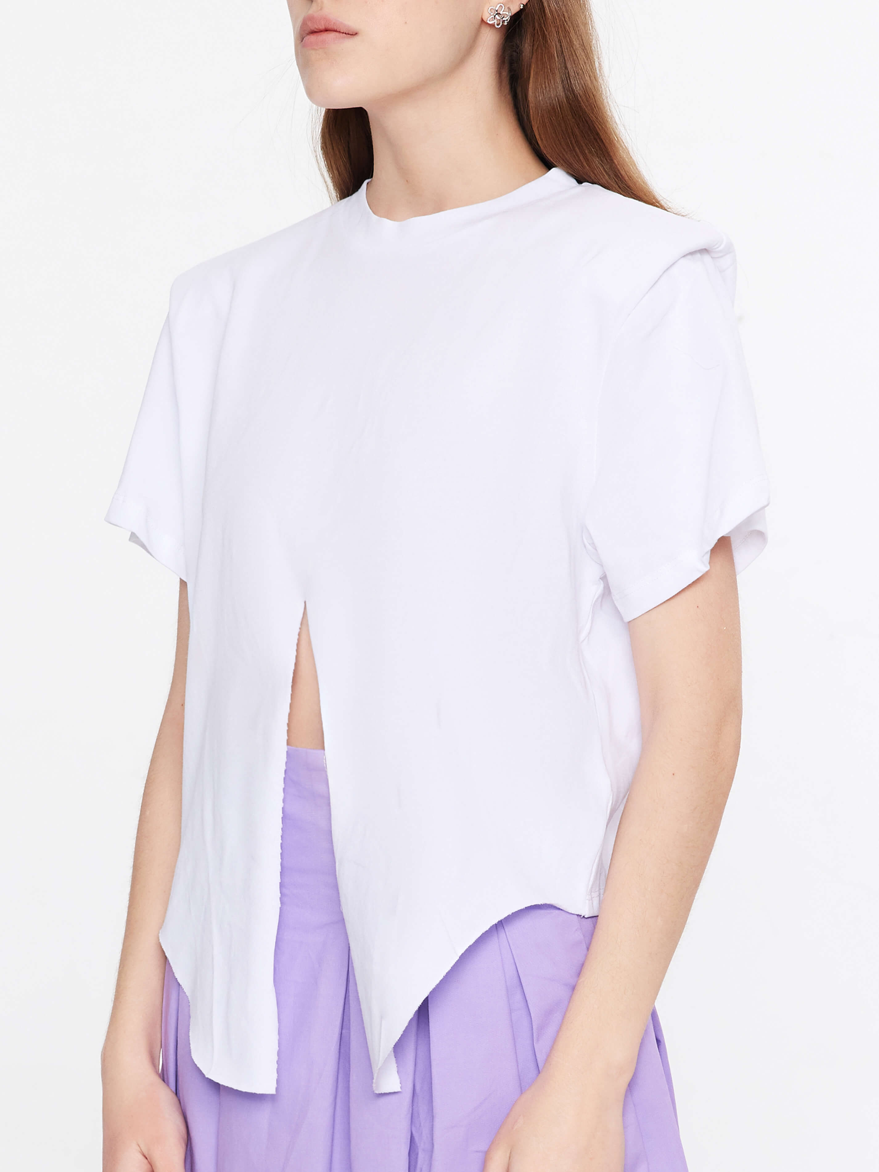 Shoulder Padded Short Sleeve Knot Cotton T-Shirt-10