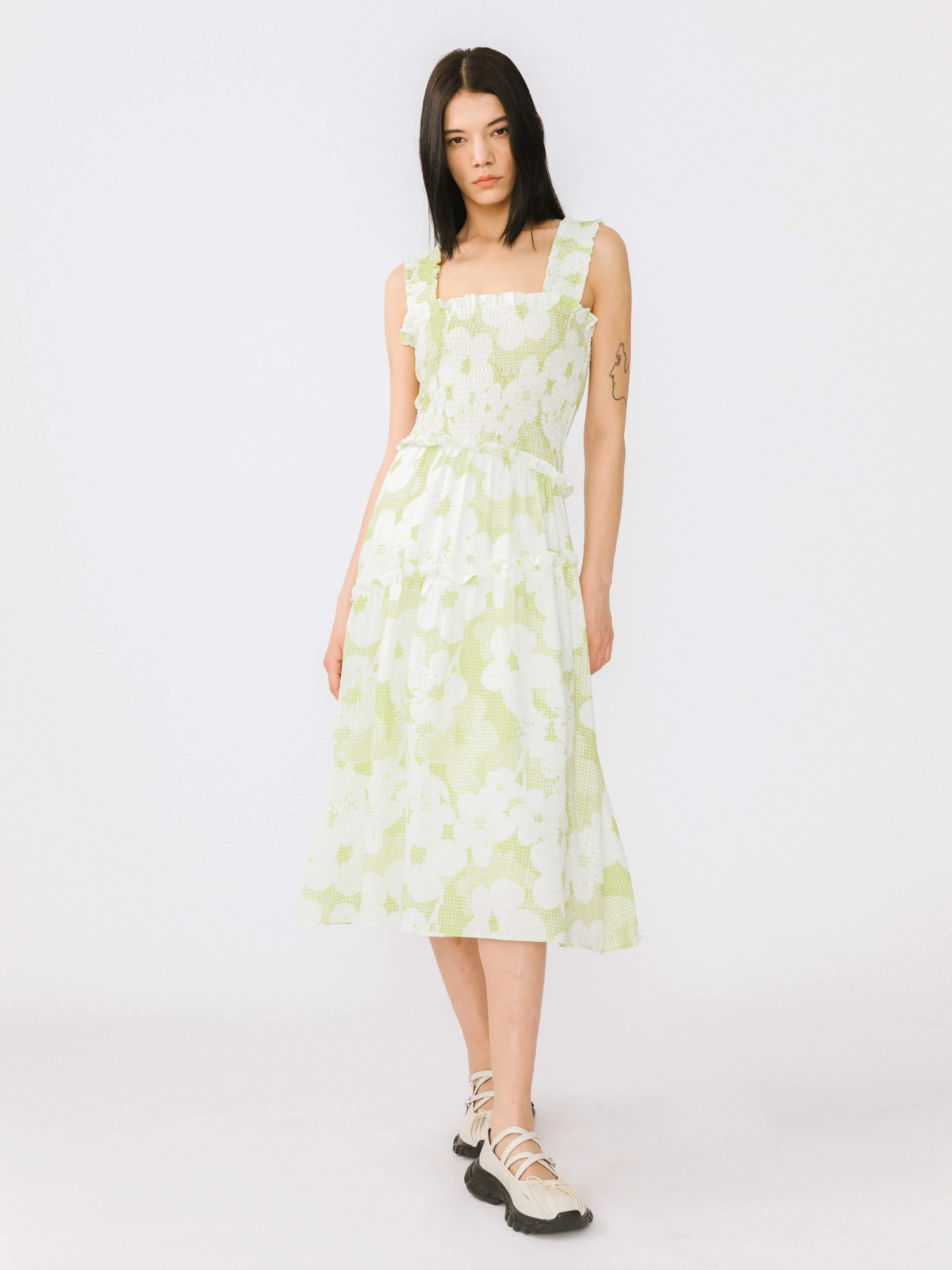 Plaid and Floral A-line Midi Dress-2